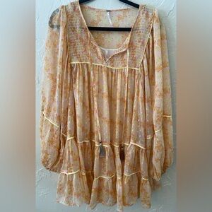 FREE PEOPLE Yellow Smoked Dress with Tassels Boho Floral. Size XL